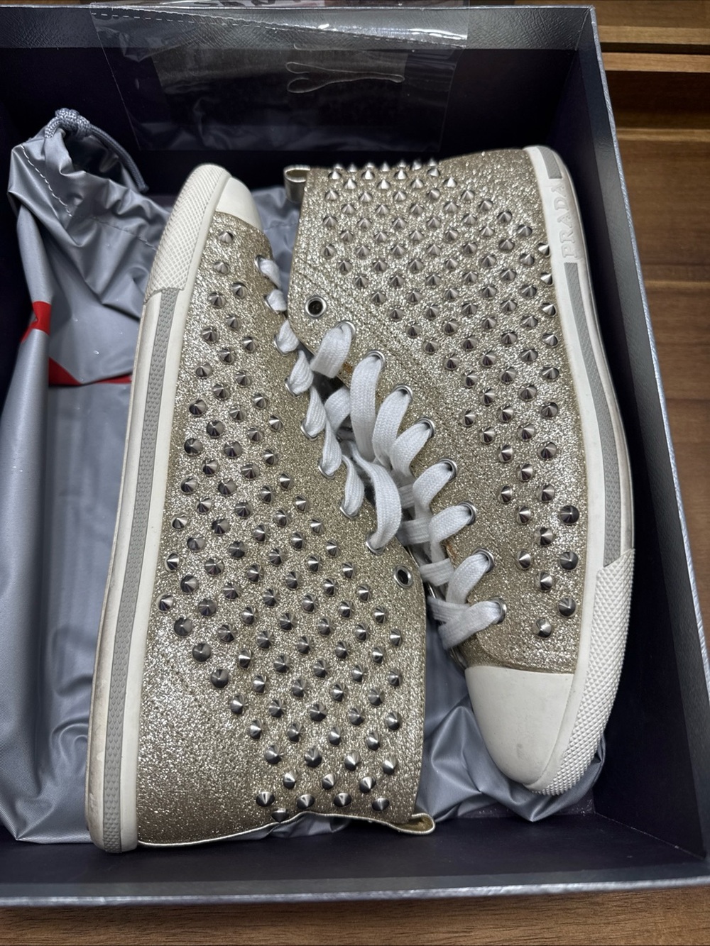 Prada Silver Glitter Studded High-Top Sneakers - Picture 5 of 6